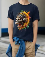 Cyberpunk Lion Skull T-Shirt with Futuristic Headphones - model wearing navy shirt, hands in pockets