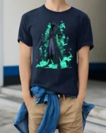 Shadow Mage Fantasy T-Shirt with Glowing Green Flames - model wearing navy shirt, hands in pockets