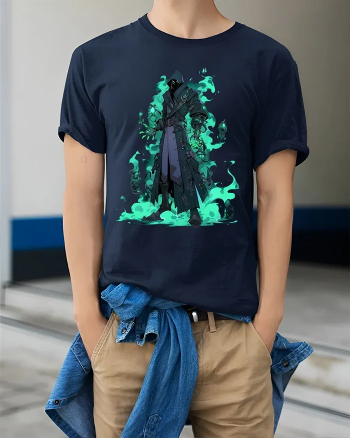 Shadow Mage Fantasy T-Shirt with Glowing Green Flames - model wearing navy shirt, hands in pockets