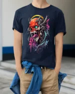 Demon Skull T-Shirt with Neon Tongue and Glowing Eyes - model wearing navy shirt, hands in pockets