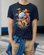 Space Bear Astronaut T-Shirt with Robot Suit Artwork - model wearing navy shirt, hands in pockets