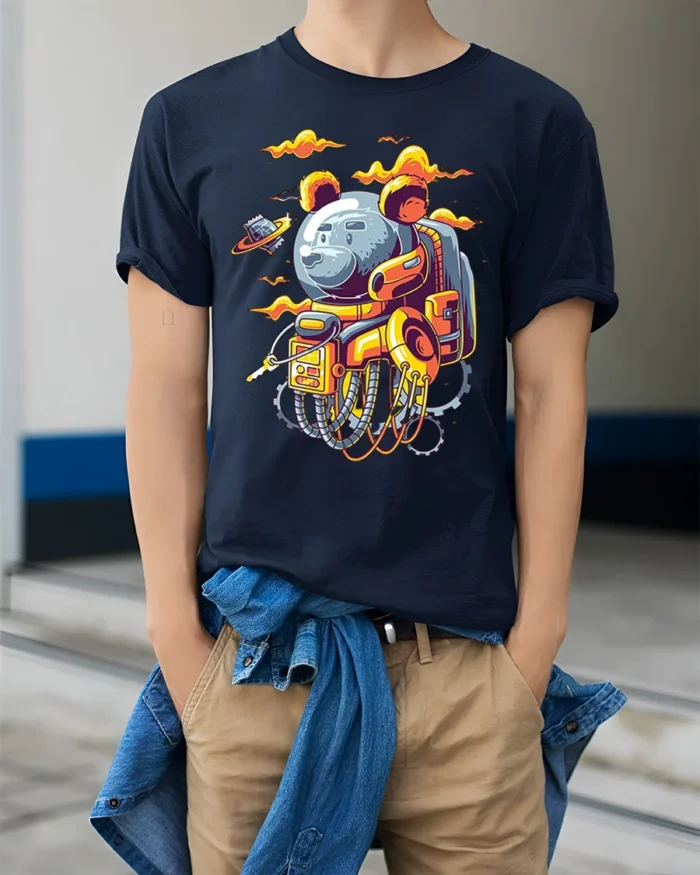 Space Bear Astronaut T-Shirt with Robot Suit Artwork - model wearing navy shirt, hands in pockets
