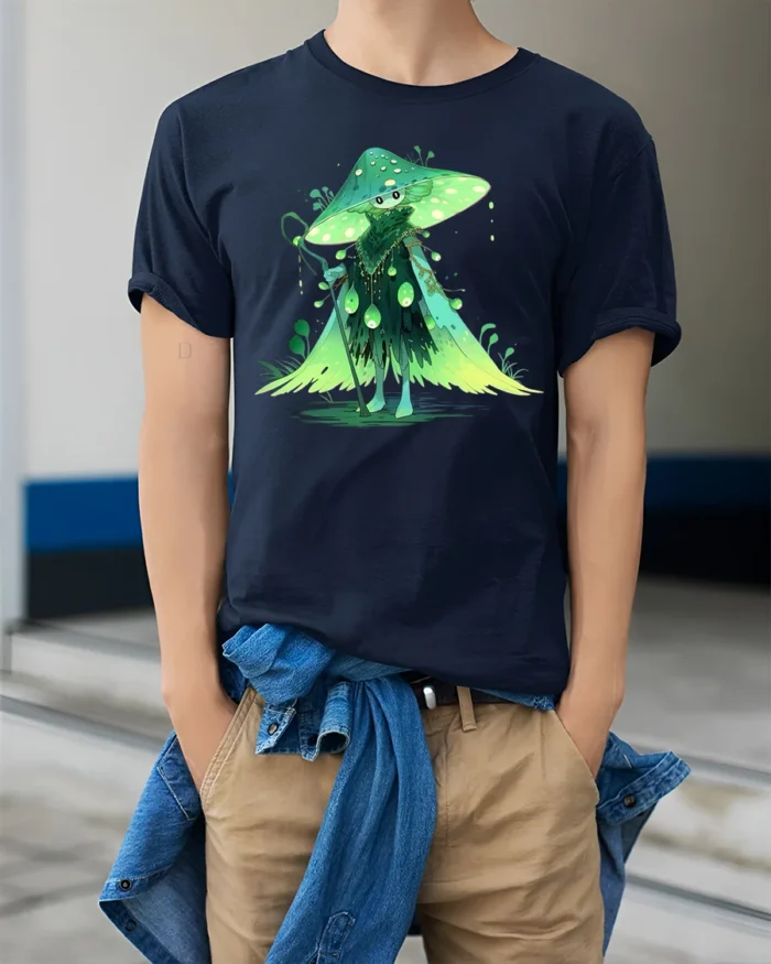 Forest Mushroom Wizard T-Shirt with Enchanted Green Cloak - model wearing navy shirt, hands in pockets