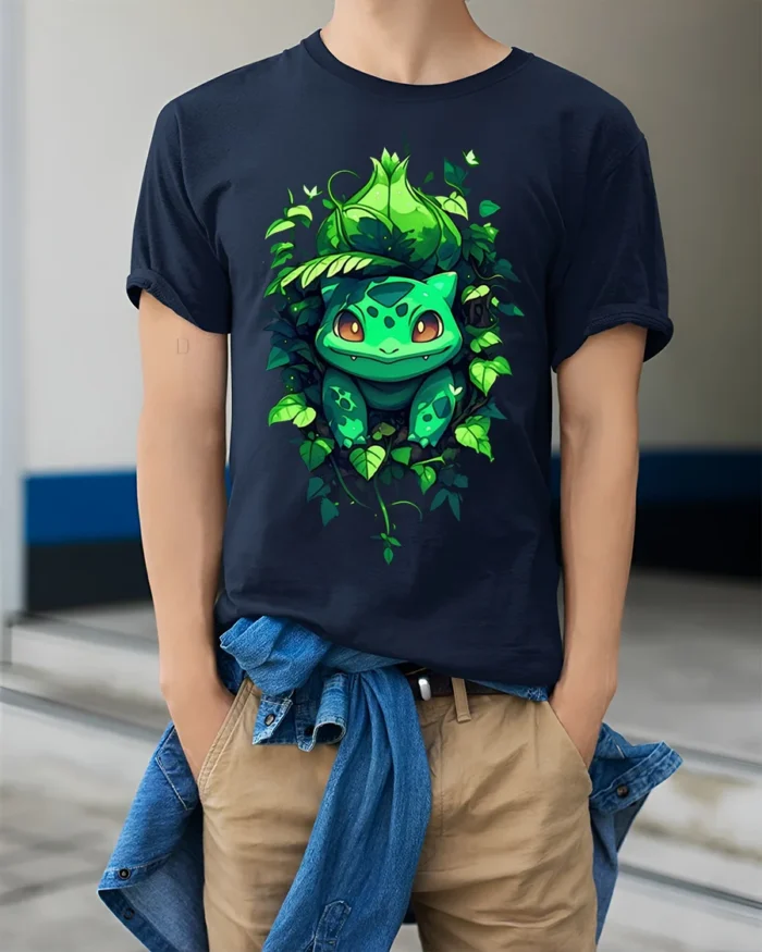 Cute Bulba Inspired T-Shirt Jungle Leaf Creature Design - model wearing navy shirt, hands in pockets