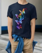 Colorful Butterfly Galaxy T-Shirt with Vibrant Art Print - model wearing navy shirt, hands in pockets