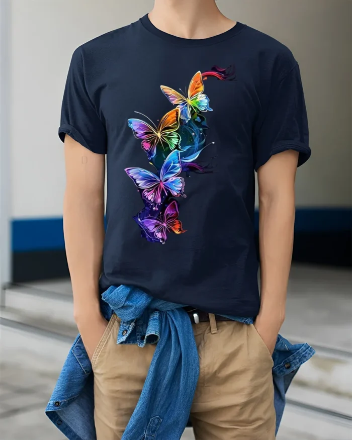 Colorful Butterfly Galaxy T-Shirt with Vibrant Art Print - model wearing navy shirt, hands in pockets