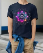 Vibrant Mandala Energy T-Shirt Neon Spiritual Art - model wearing navy shirt, hands in pockets
