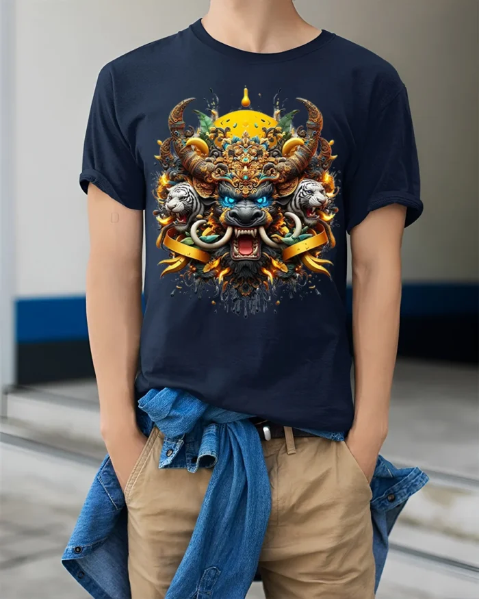 Mythical Beast Warrior T-Shirt Fierce Tribal Animal Art - model wearing navy shirt, hands in pockets