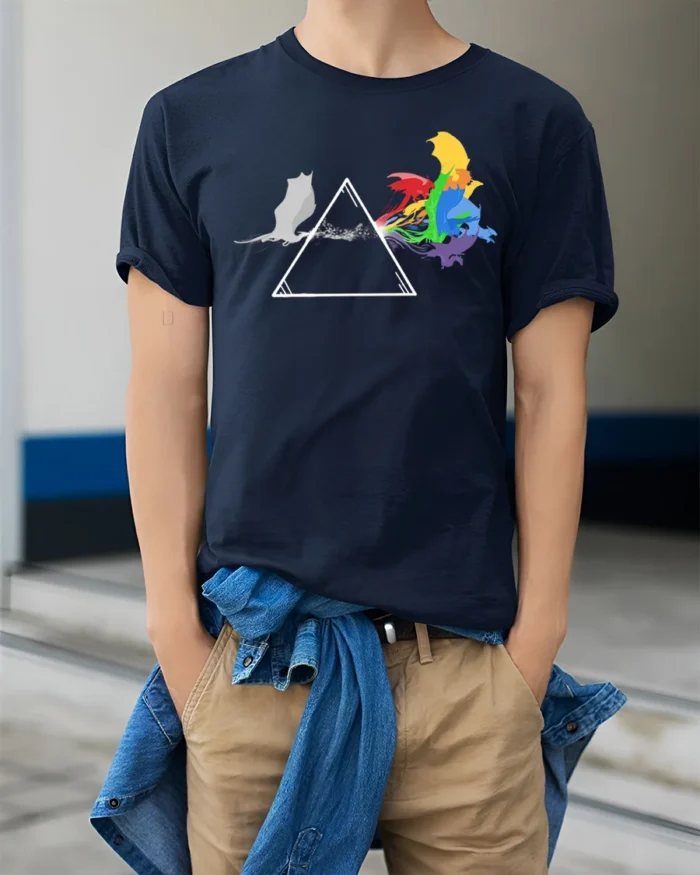 Rainbow Cat Spectrum T-Shirt Funny Prism Kitty - model wearing navy shirt, hands in pockets