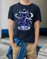 Electric Mage Summoning T-Shirt Blue Magic Power - model wearing navy shirt, hands in pockets