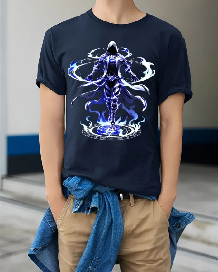 Electric Mage Summoning T-Shirt Blue Magic Power - model wearing navy shirt, hands in pockets