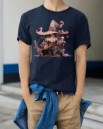 Cute Dark Wizard T-Shirt Cartoon Mage with Skull Staff - model wearing navy shirt, hands in pockets