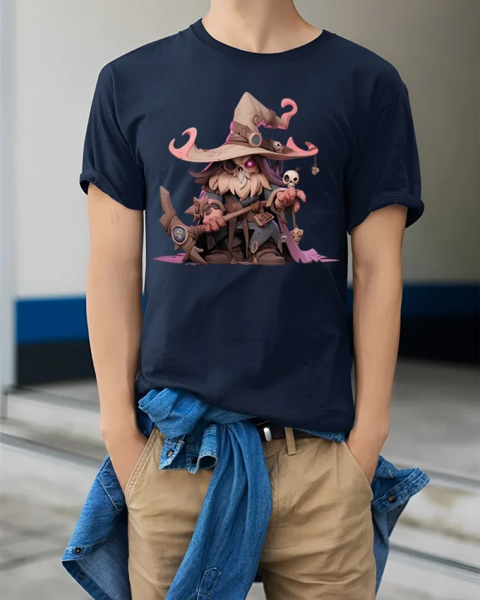 Cute Dark Wizard T-Shirt Cartoon Mage with Skull Staff - model wearing navy shirt, hands in pockets