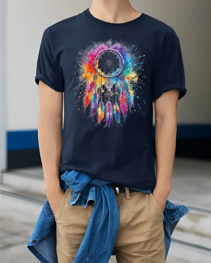 Colorful Dreamcatcher T-Shirt Boho Feather Art - model wearing navy shirt, hands in pockets