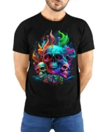 Psychedelic Skull T-Shirt Colorful Gothic Flame Design - model wearing black shirt, hands behind back