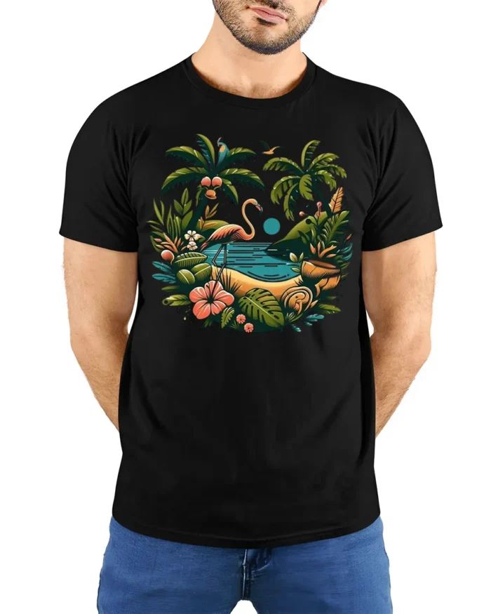 Flamingo Tropical Paradise T-Shirt Island Beach Vibe - model wearing black shirt, hands behind back