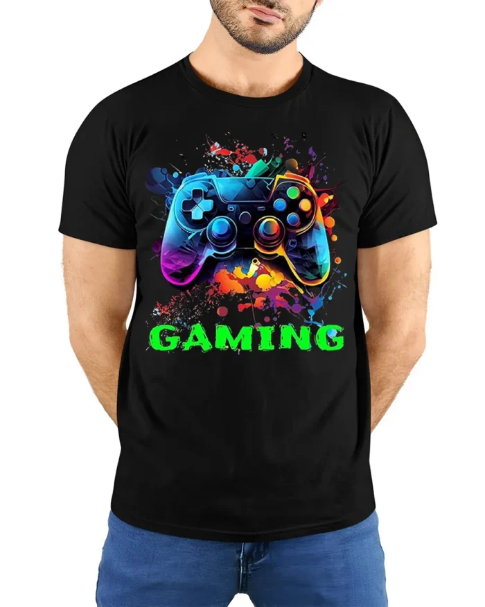 Vibrant Gaming Controller Graphic T-Shirt for Gamers - model wearing black shirt, hands behind back