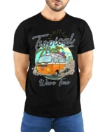 Tropical Beach Surf Van T-Shirt with Vintage Summer Vibe - model wearing black shirt, hands behind back