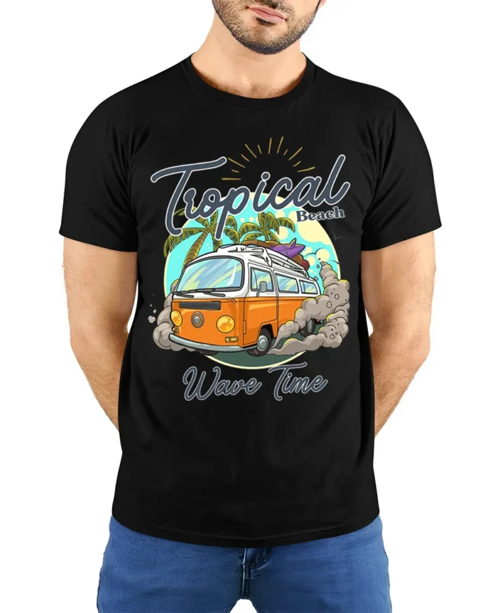 Tropical Beach Surf Van T-Shirt with Vintage Summer Vibe - model wearing black shirt, hands behind back