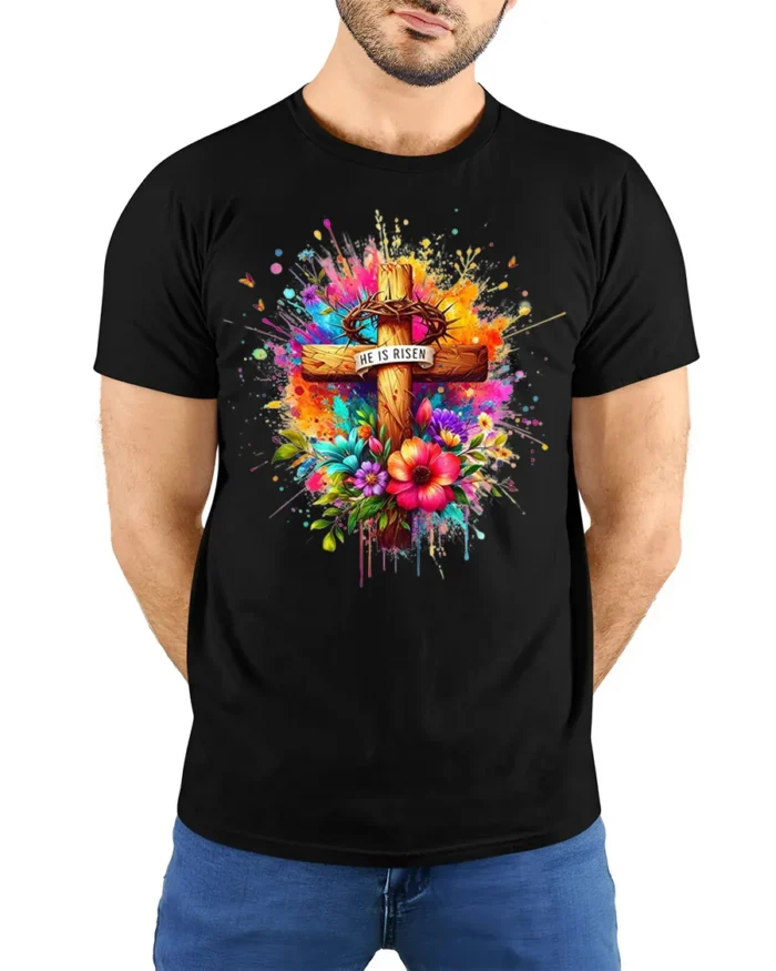 He Is Risen Floral Cross T-Shirt with Color Splash Design - model wearing black shirt, hands behind back