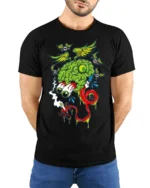 Trippy Brain Cartoon T-Shirt with Flying Eyeballs Design - model wearing black shirt, hands behind back
