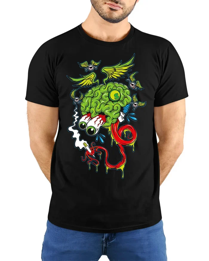 Trippy Brain Cartoon T-Shirt with Flying Eyeballs Design - model wearing black shirt, hands behind back