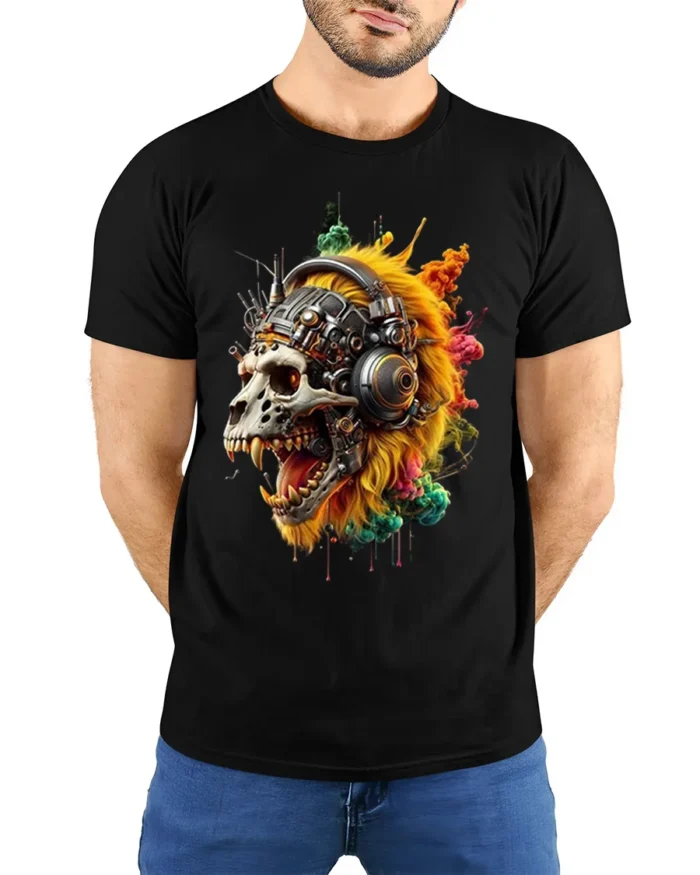 Cyberpunk Lion Skull T-Shirt with Futuristic Headphones - model wearing black shirt, hands behind back