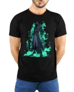 Shadow Mage Fantasy T-Shirt with Glowing Green Flames - model wearing black shirt, hands behind back