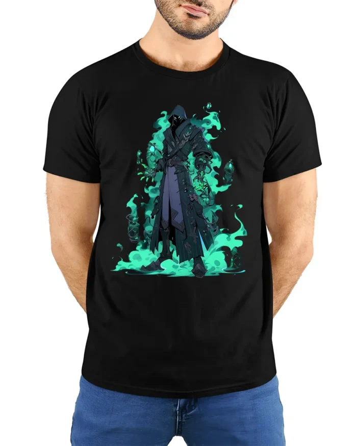 Shadow Mage Fantasy T-Shirt with Glowing Green Flames - model wearing black shirt, hands behind back