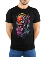 Demon Skull T-Shirt with Neon Tongue and Glowing Eyes - model wearing black shirt, hands behind back