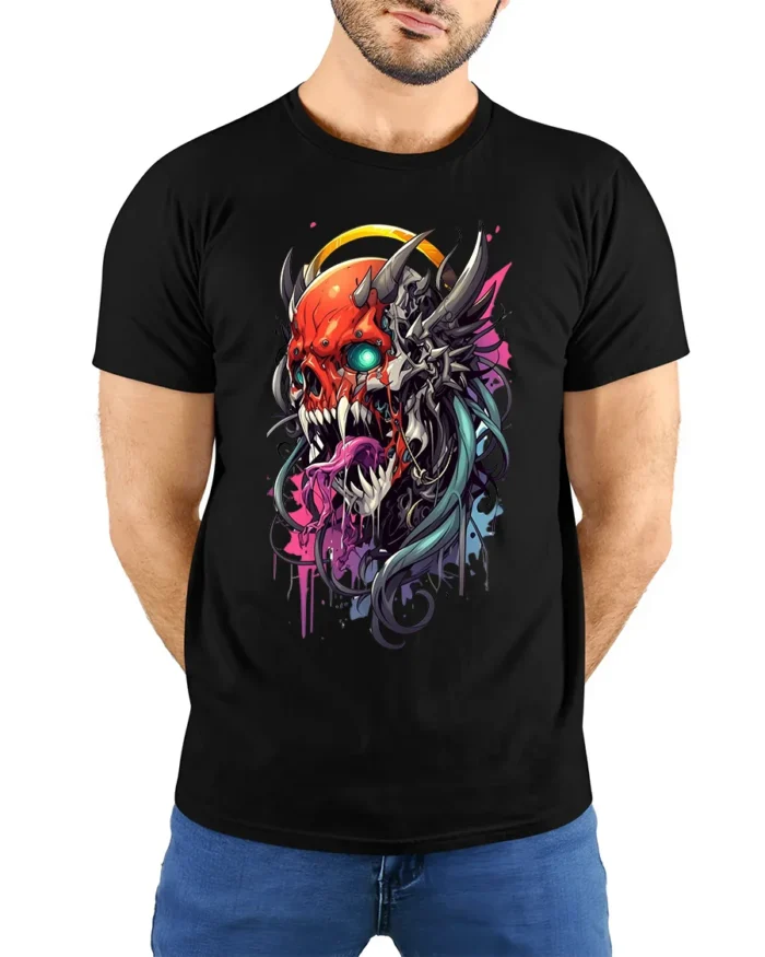Demon Skull T-Shirt with Neon Tongue and Glowing Eyes - model wearing black shirt, hands behind back