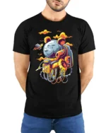 Space Bear Astronaut T-Shirt with Robot Suit Artwork - model wearing black shirt, hands behind back