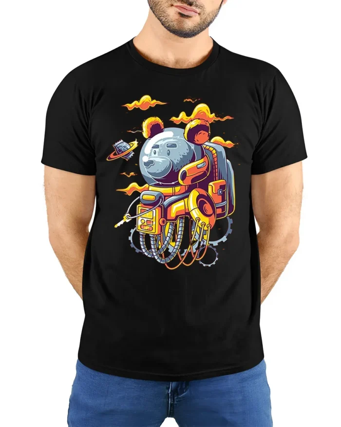 Space Bear Astronaut T-Shirt with Robot Suit Artwork - model wearing black shirt, hands behind back