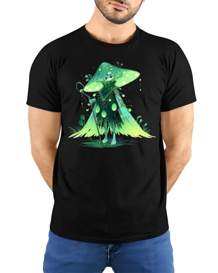 Forest Mushroom Wizard T-Shirt with Enchanted Green Cloak - model wearing black shirt, hands behind back