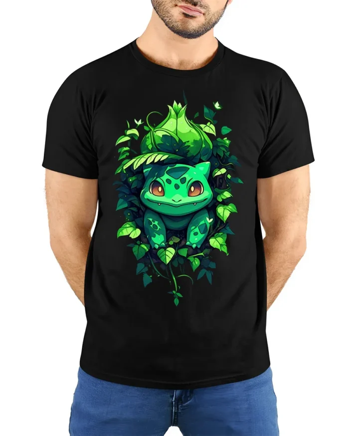 Cute Bulba Inspired T-Shirt Jungle Leaf Creature Design - model wearing black shirt, hands behind back