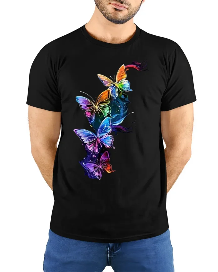 Colorful Butterfly Galaxy T-Shirt with Vibrant Art Print - model wearing black shirt, hands behind back