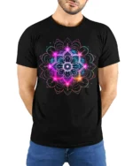 Vibrant Mandala Energy T-Shirt Neon Spiritual Art - model wearing black shirt, hands behind back