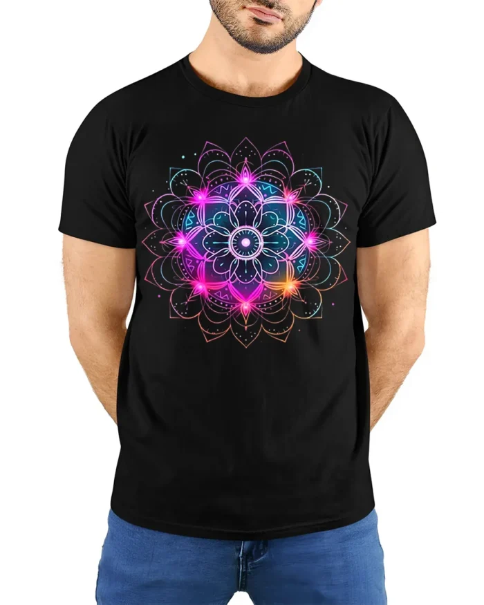 Vibrant Mandala Energy T-Shirt Neon Spiritual Art - model wearing black shirt, hands behind back