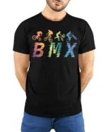 Retro BMX Trick T-Shirt Colorful Bike Rider Silhouette - model wearing black shirt, hands behind back