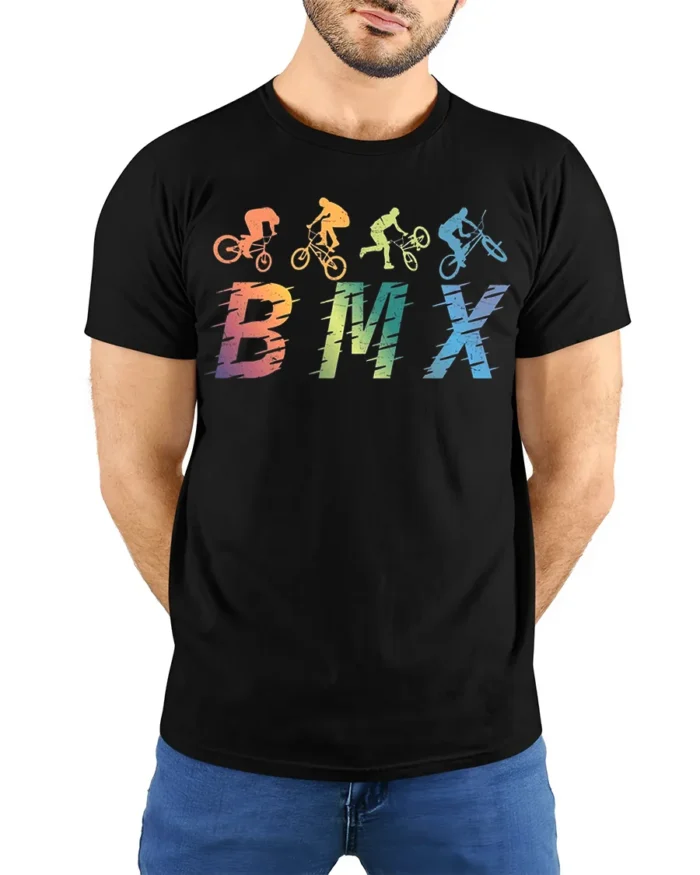 Retro BMX Trick T-Shirt Colorful Bike Rider Silhouette - model wearing black shirt, hands behind back