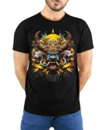 Mythical Beast Warrior T-Shirt Fierce Tribal Animal Art - model wearing black shirt, hands behind back