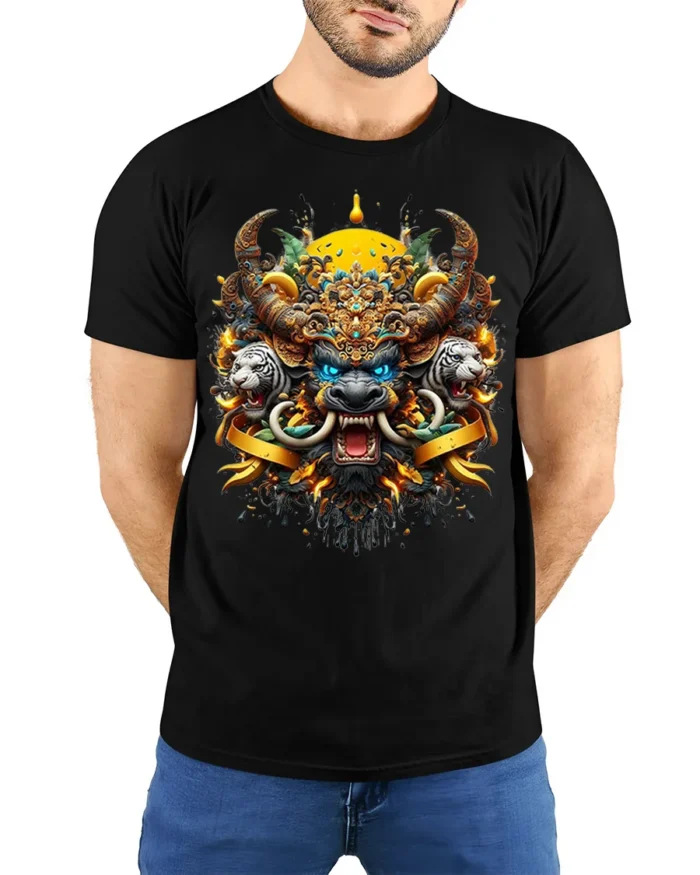 Mythical Beast Warrior T-Shirt Fierce Tribal Animal Art - model wearing black shirt, hands behind back