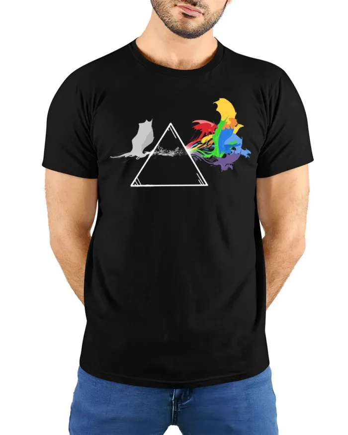 Rainbow Cat Spectrum T-Shirt Funny Prism Kitty - model wearing black shirt, hands behind back