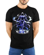Electric Mage Summoning T-Shirt Blue Magic Power - model wearing black shirt, hands behind back