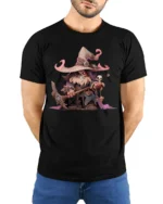Cute Dark Wizard T-Shirt Cartoon Mage with Skull Staff - model wearing black shirt, hands behind back