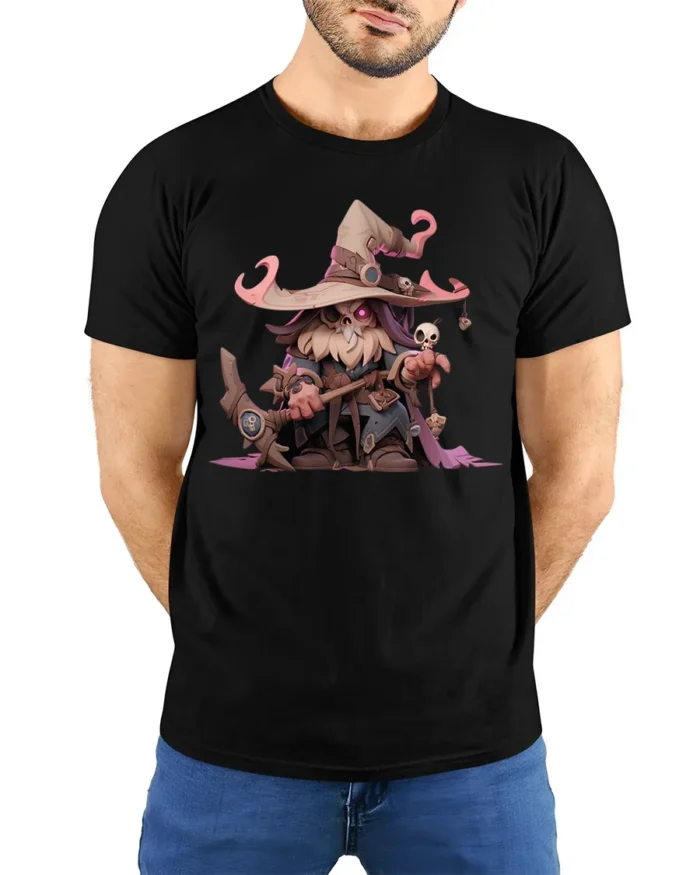 Cute Dark Wizard T-Shirt Cartoon Mage with Skull Staff - model wearing black shirt, hands behind back