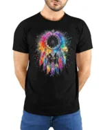 Colorful Dreamcatcher T-Shirt Boho Feather Art - model wearing black shirt, hands behind back