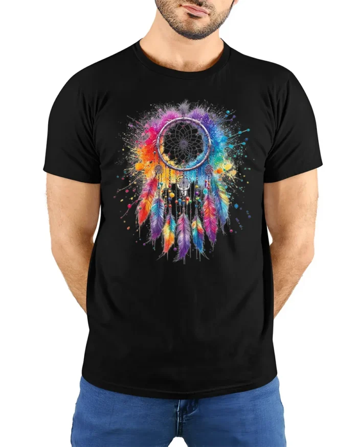 Colorful Dreamcatcher T-Shirt Boho Feather Art - model wearing black shirt, hands behind back