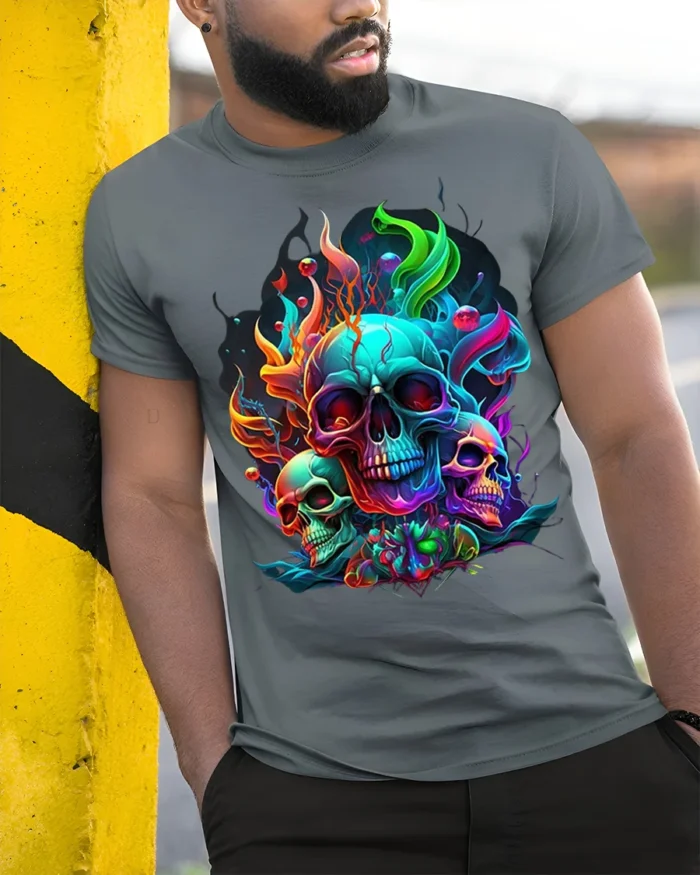 Psychedelic Skull T-Shirt Colorful Gothic Flame Design - model in grey shirt leaning against column