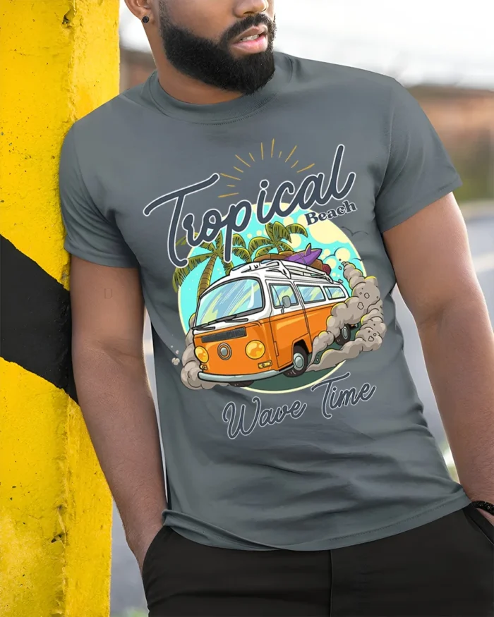 Tropical Beach Surf Van T-Shirt with Vintage Summer Vibe - model in grey shirt leaning against column